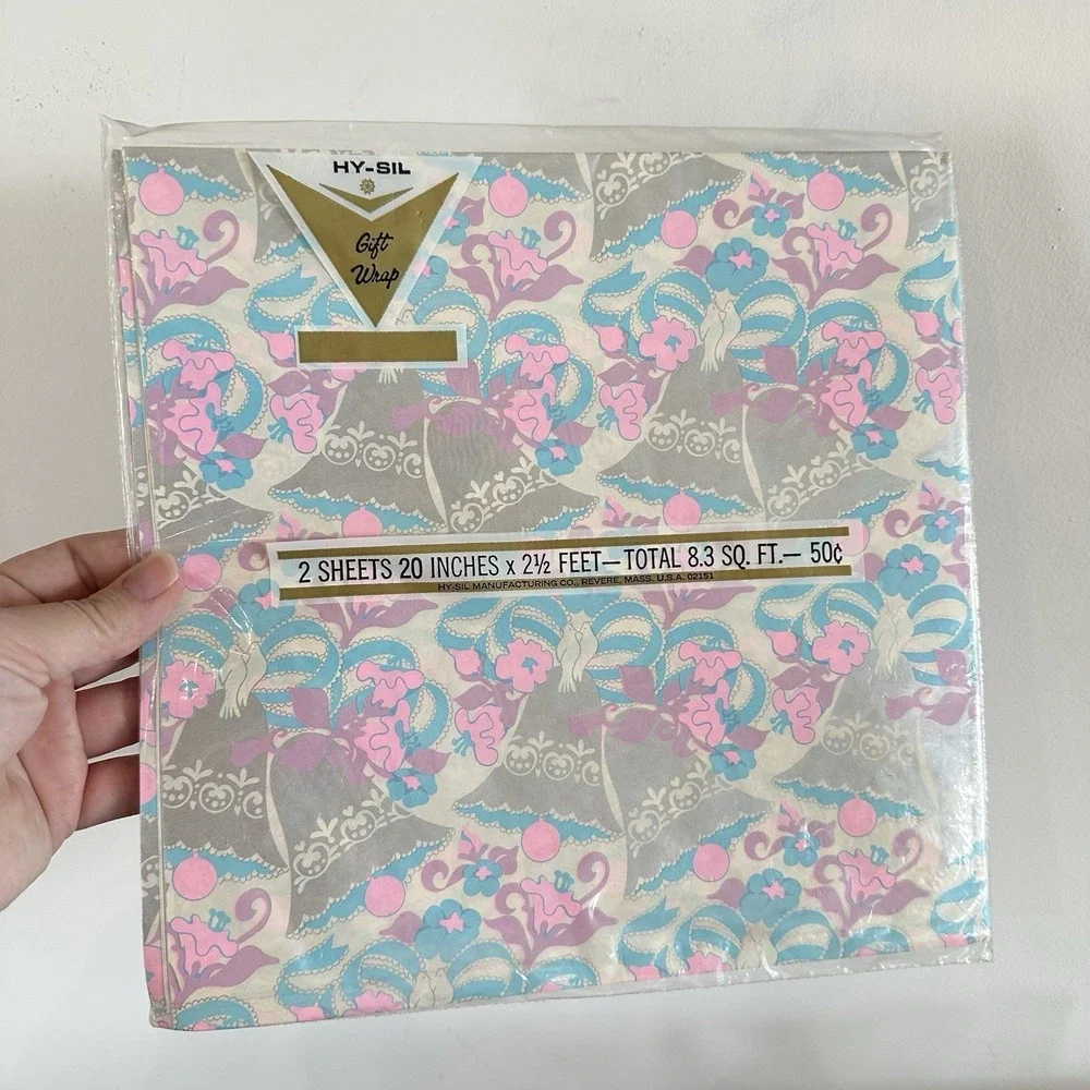 New MCM Hy-Sil Wedding Bells Pink Gift Wrapping Paper Sheets‎ 2 - 20x2 1/2 Ft